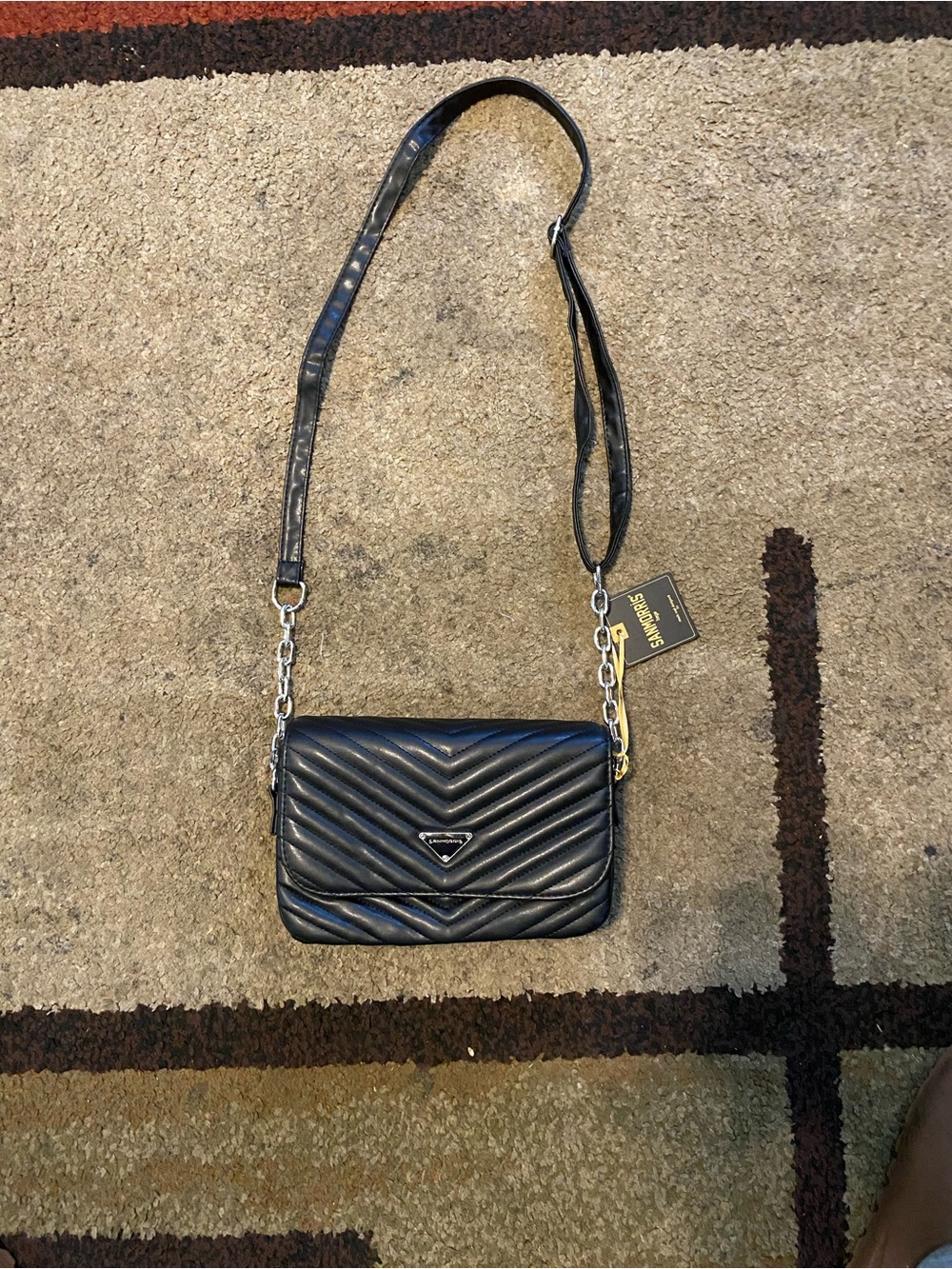 Black Quilted Chevron Shoulder Bag with Chain Strap